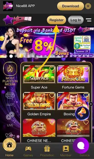 Step 1: NICE88 casino login via the official link and click "Register"