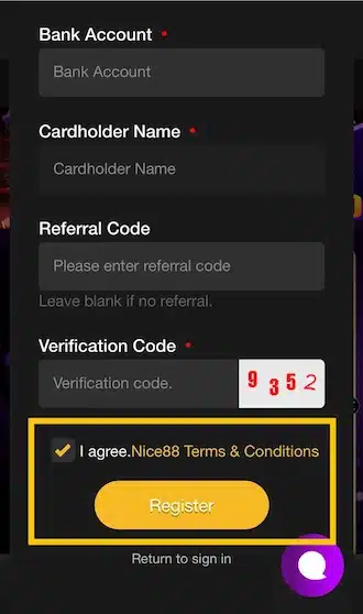 Step 3: Agree to the terms and conditions of NICE88 and click "Register" to submit an account creation request